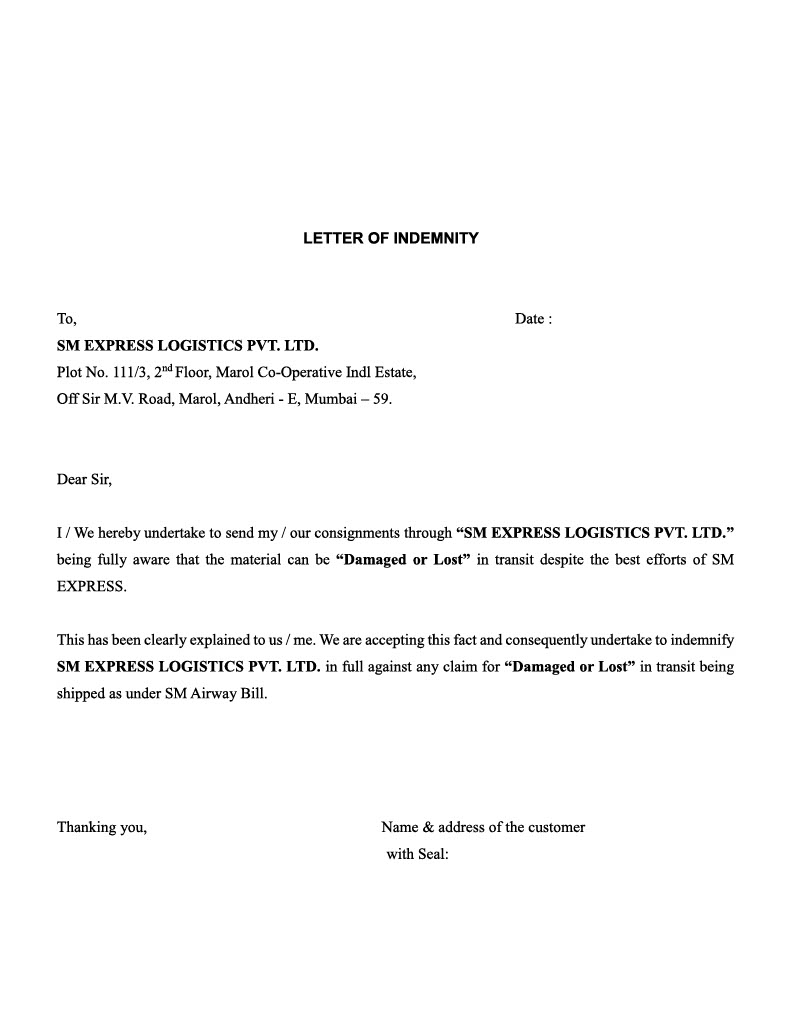 Indemnity Letter